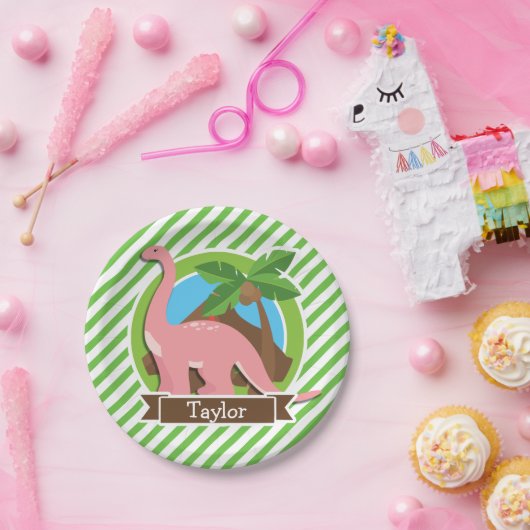 Roze dinosaurus, dino; groene en witte strepen papieren bordje (Feest)