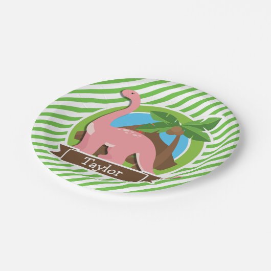 Roze dinosaurus, dino; groene en witte strepen papieren bordje (Gekanteld)