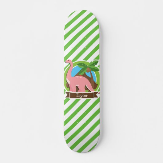 Roze dinosaurus, dino; groene en witte strepen persoonlijk skateboard (Voorkant)