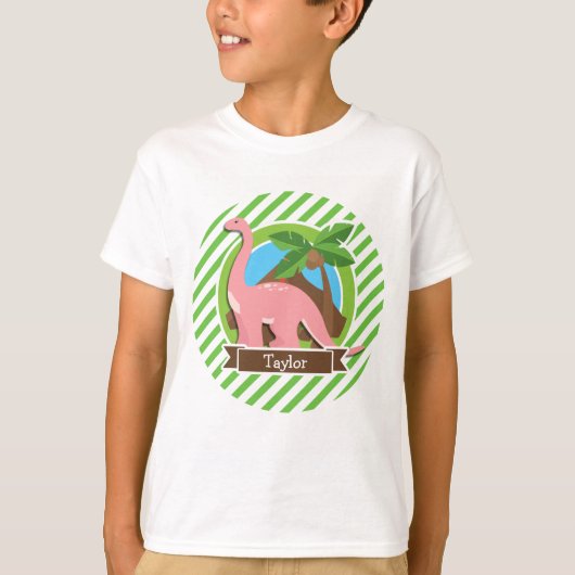 Roze dinosaurus, dino; groene en witte strepen t-shirt (Voorkant)