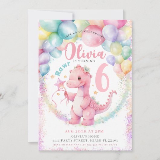 Roze Dinosaurus Dino Meisje Verjaardagsfeestuitnod Kaart (Voorkant)