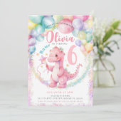 Roze Dinosaurus Dino Meisje Verjaardagsfeestuitnod Kaart (Staand voorkant)