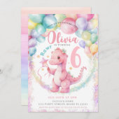 Roze Dinosaurus Dino Meisje Verjaardagsfeestuitnod Kaart (Voorkant / Achterkant)