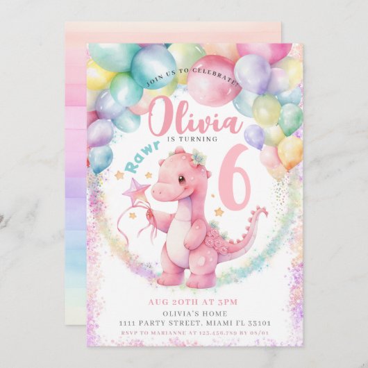 Roze Dinosaurus Dino Meisje Verjaardagsfeestuitnod Kaart (Voorkant / Achterkant)