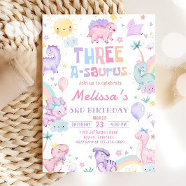 Roze Dinosaurus Drie A-Saurus 3e Verjaardagsfeest Kaart