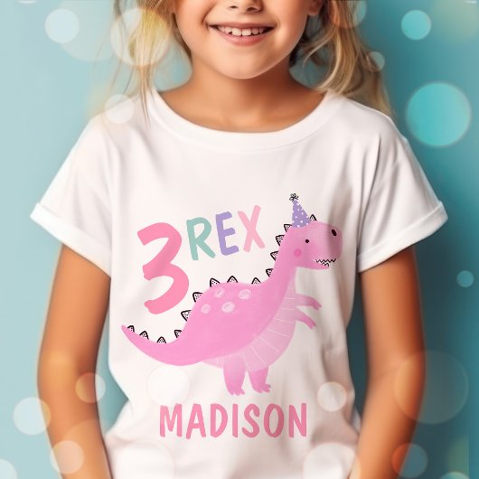 Roze Dinosaurus Drie Rex 3e Verjaardagsfeestje T-shirt