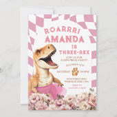 Roze Dinosaurus Drie-rex  Bloemen Verjaardag Kaart (Voorkant)