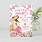 Roze Dinosaurus Drie-rex  Bloemen Verjaardag Kaart (Staand voorkant)