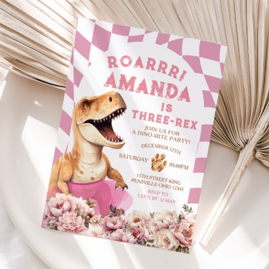 Roze Dinosaurus Drie-rex  Bloemen Verjaardag Kaart