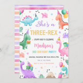 Roze Dinosaurus Drie Rex Meisje Dino Verjaardagsfe Kaart (Voorkant / Achterkant)