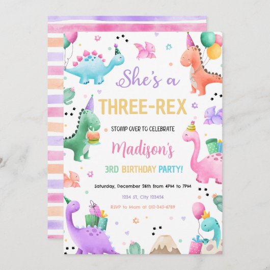 Roze Dinosaurus Drie Rex Meisje Dino Verjaardagsfe Kaart (Voorkant / Achterkant)