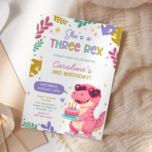 Roze dinosaurus drie Rex meisje verjaardagsfeest Kaart