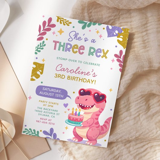 Roze dinosaurus drie Rex meisje verjaardagsfeest Kaart