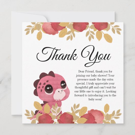 Roze Dinosaurus en Roos Baby shower Dank u Kaart (Voorkant)