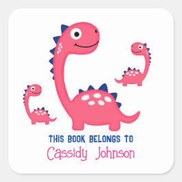 Roze dinosaurus familie meisje naam bookplate vierkante sticker