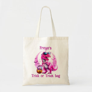 Roze Dinosaurus Halloween Trick or treat Canvas ta Tote Bag