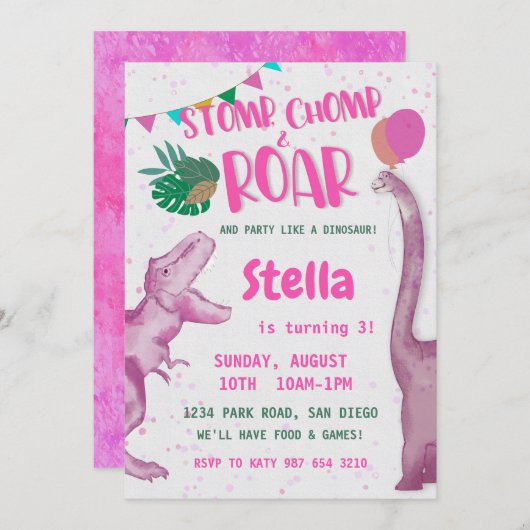 Roze dinosaurus meisje kaart (Voorkant / Achterkant)