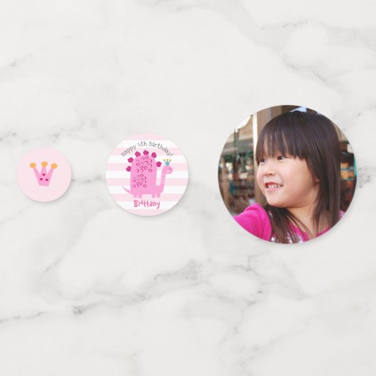 Roze Dinosaurus Meisje Verjaardag Foto Naam Schatt Confetti (Voorkanten)