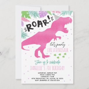 Roze Dinosaurus Meisje Verjaardagsfeest Uitnodigin Kaart
