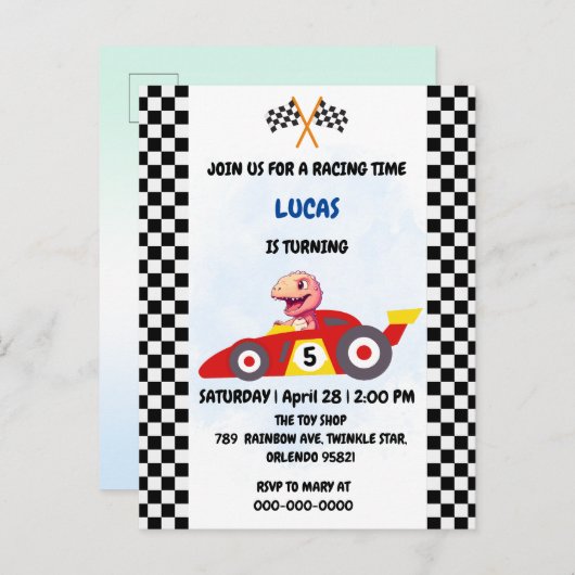 Roze Dinosaurus Rode race auto jongen kinderen Ver Uitnodiging Briefkaart (Voorkant / Achterkant)