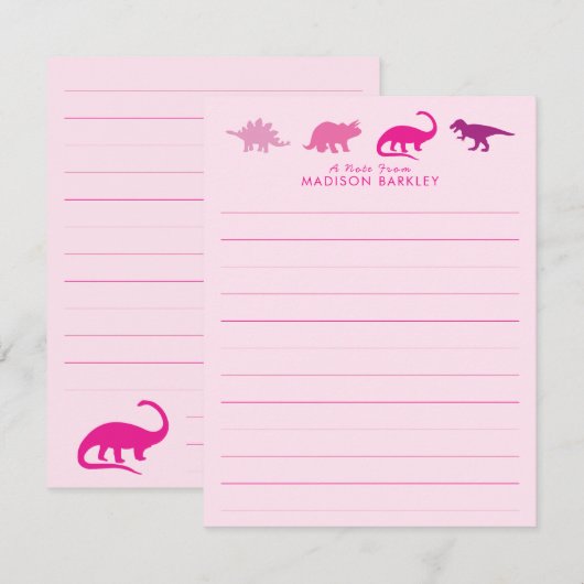 Roze Dinosaurus Schattige Kind Dino Platte Briefpa Bedankkaart (Voorkant / Achterkant)