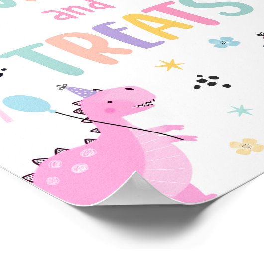 Roze dinosaurus snoep en trakteert verjaardagsfees poster (Hoek)