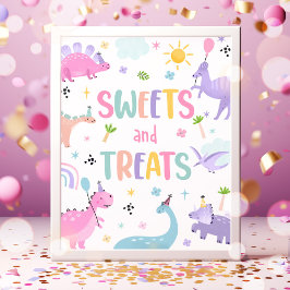 Roze dinosaurus snoep en trakteert verjaardagsfees poster