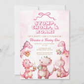 Roze Dinosaurus Stomp Chomp Roar 1e verjaardag Kaart (Voorkant)