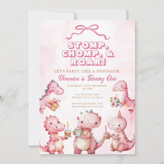 Roze Dinosaurus Stomp Chomp Roar 1e verjaardag Kaart (Voorkant)