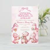 Roze Dinosaurus Stomp Chomp Roar 1e verjaardag Kaart (Staand voorkant)