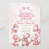 Roze Dinosaurus Stomp Chomp Roar 1e verjaardag Kaart (Voorkant / Achterkant)