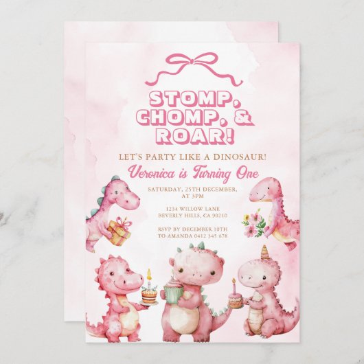 Roze Dinosaurus Stomp Chomp Roar 1e verjaardag Kaart (Voorkant / Achterkant)