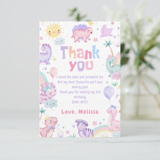 Roze Dinosaurus T-Rex Verjaardag Dank u Kaart (Staand voorkant)