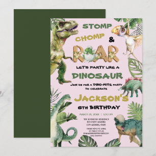 Roze dinosaurus-thema verjaardagsfeestje kaart