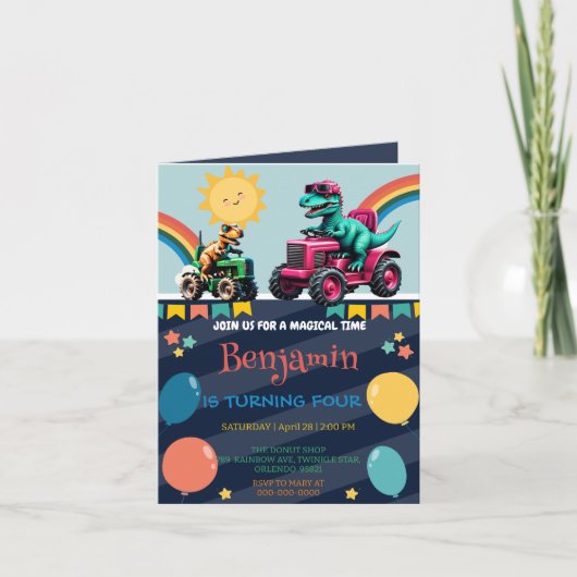 Roze dinosaurus tractor regenboog Verjaardagsjonge (Voorkant)