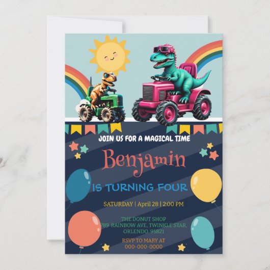 Roze dinosaurus tractor regenboog Verjaardagsjonge (Voorkant)