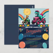 Roze dinosaurus tractor regenboog Verjaardagsjonge Briefkaart (Voorkant / Achterkant)