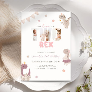 Roze Dinosaurus Twee Rex 2e Verjaardagsfoto Kaart