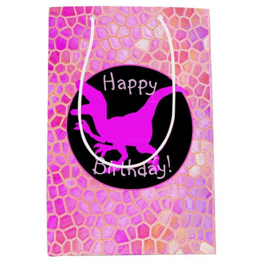 Roze Dinosaurus Verberg Gelukkige Verjaardag! Medium Cadeauzakje (Voorkant)