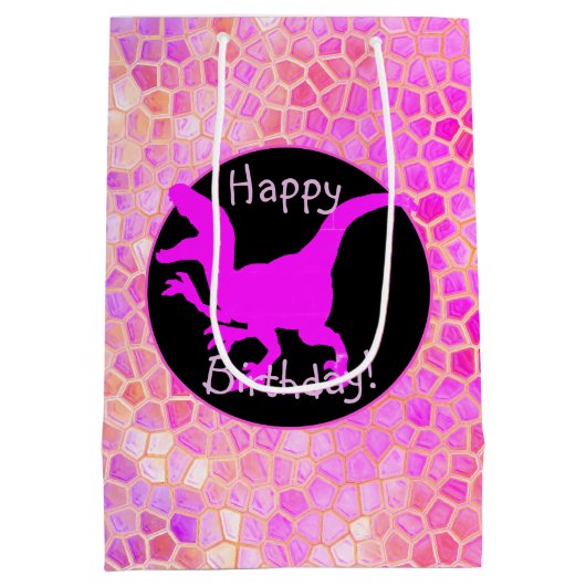 Roze Dinosaurus Verberg Gelukkige Verjaardag! Medium Cadeauzakje (Achterkant)