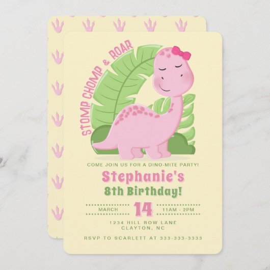 Roze Dinosaurus Verjaardag Kaart (Voorkant / Achterkant)