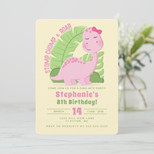 Roze Dinosaurus Verjaardag Kaart (Staand voorkant)