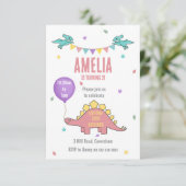 Roze Dinosaurus Verjaardag Uitnodiging (Staand voorkant)