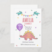 Roze Dinosaurus Verjaardag Uitnodiging (Voorkant / Achterkant)