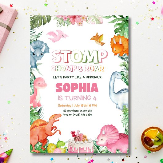 Roze Dinosaurus Verjaardag Uitnodiging Meisje Dino