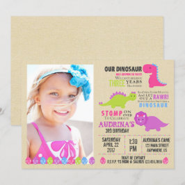 Roze Dinosaurus Verjaardag Uitnodiging Meisje Dino