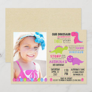 Roze Dinosaurus Verjaardag Uitnodiging Meisje Dino