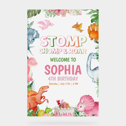 Roze Dinosaurus Verjaardag Uitnodiging Meisje Dino Acryl Bord (Voorkant)