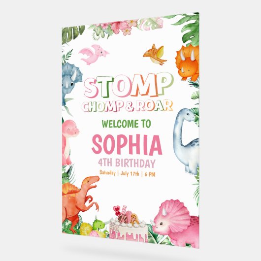 Roze Dinosaurus Verjaardag Uitnodiging Meisje Dino Acryl Bord (Hoek)