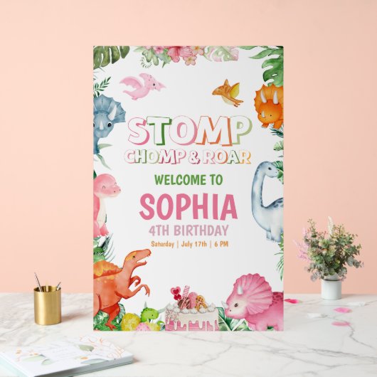 Roze Dinosaurus Verjaardag Uitnodiging Meisje Dino Acryl Bord (Huwelijk)